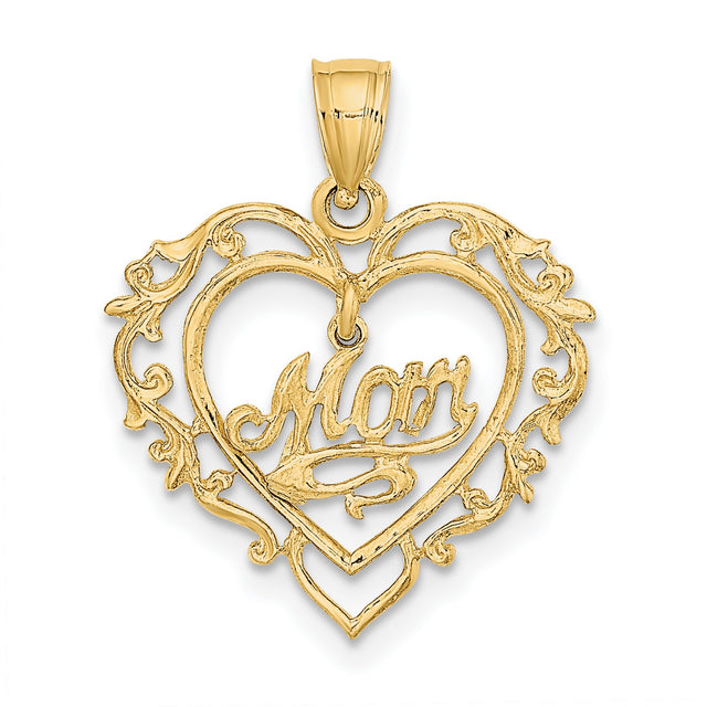 14k Yellow Gold Heart Shaped Mom Pendant with Script Lettering and Floral Detail