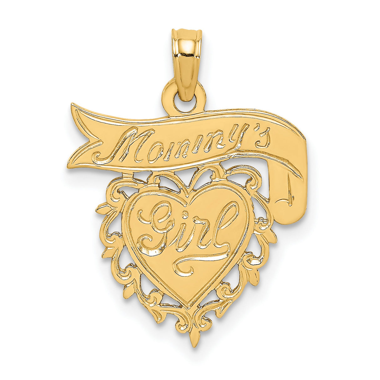 14k Yellow Gold Pendant with Heart and Ribbon Design, Sentimental Mother Daughter Charm