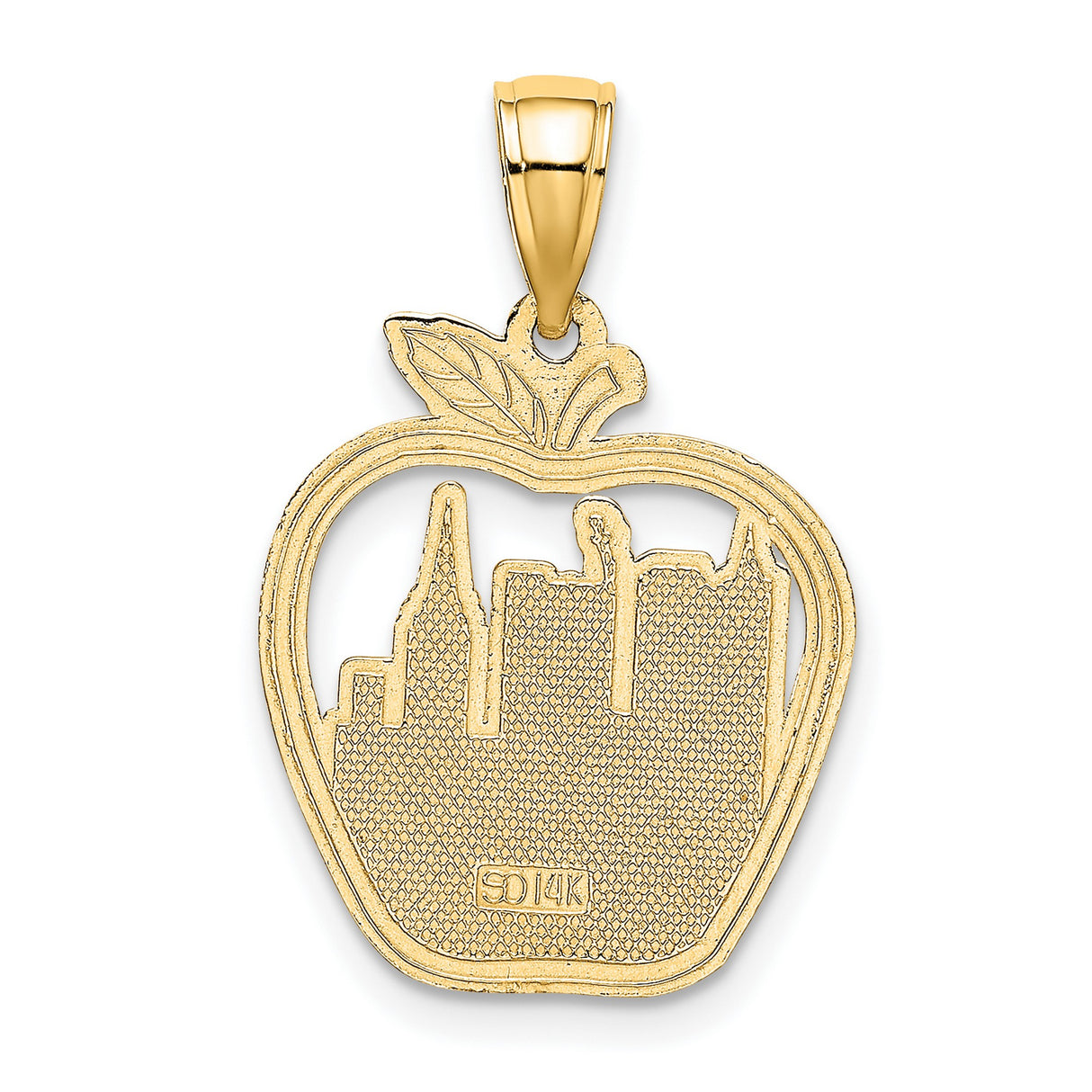 14k Yellow Gold Pendant, NYC Skyline with Statue of Liberty Inside Big Apple Outline