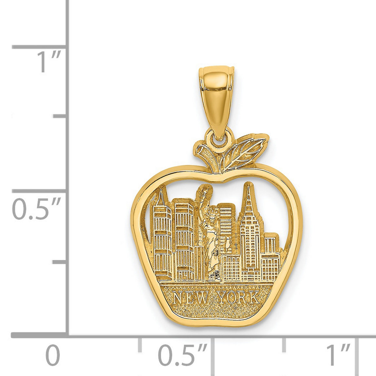 14k Yellow Gold Pendant, NYC Skyline with Statue of Liberty Inside Big Apple Outline