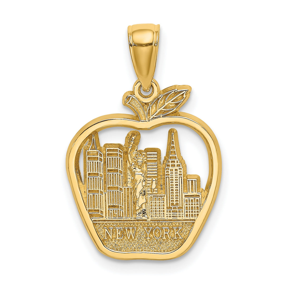 14k Yellow Gold Pendant, NYC Skyline with Statue of Liberty Inside Big Apple Outline