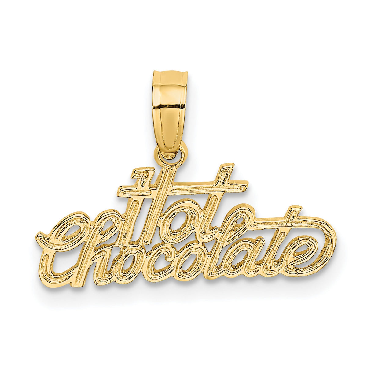 14k Yellow Gold Hot Chocolate Pendant, Cursive Script Food Charm for Women or Unisex Wear