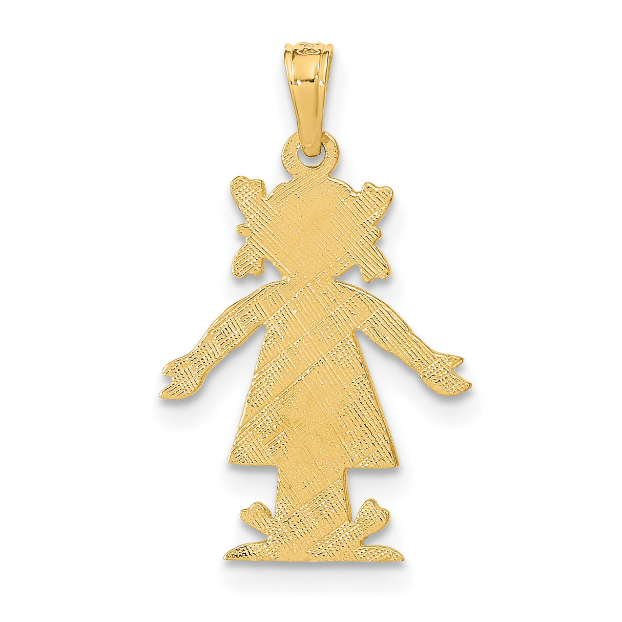 14k Yellow Gold Girl Charm Pendant with Pigtails and Dress Detail