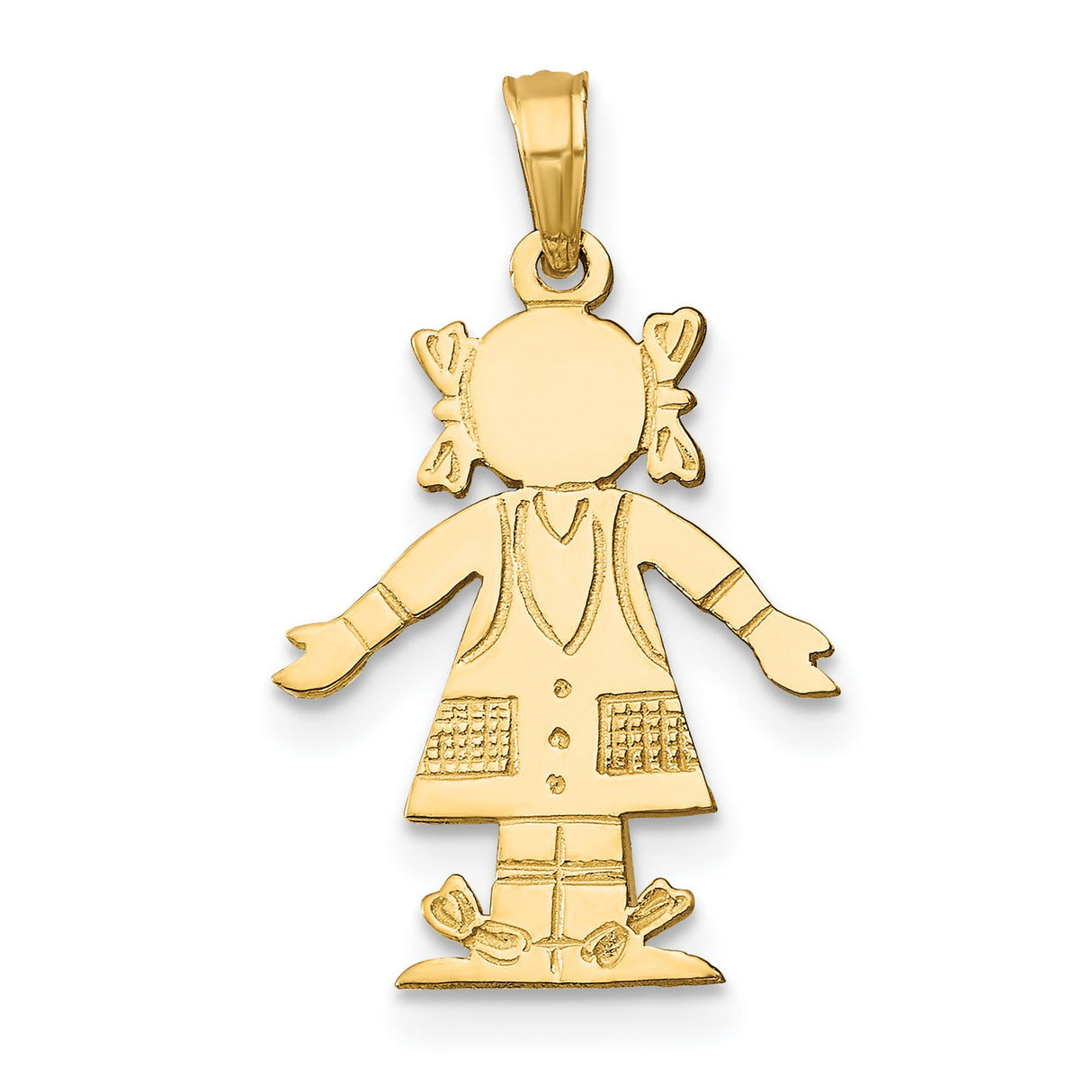 14k Yellow Gold Girl Charm Pendant with Pigtails and Dress Detail