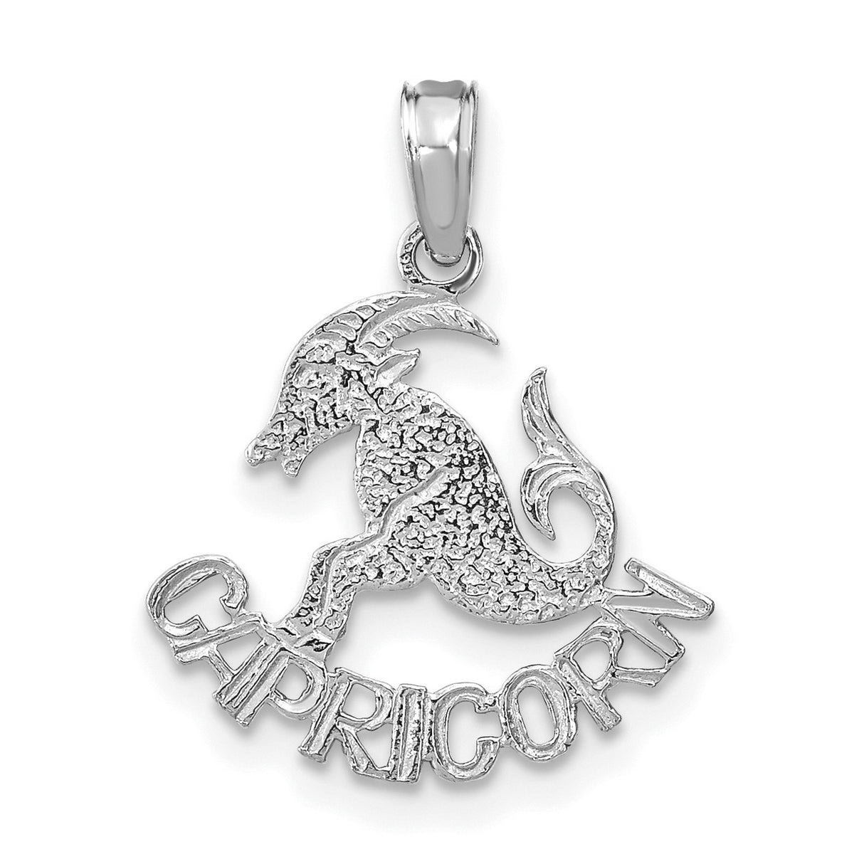 14k White Gold Capricorn Zodiac Pendant with Textured Sea-Goat Symbol and Bold Lettering