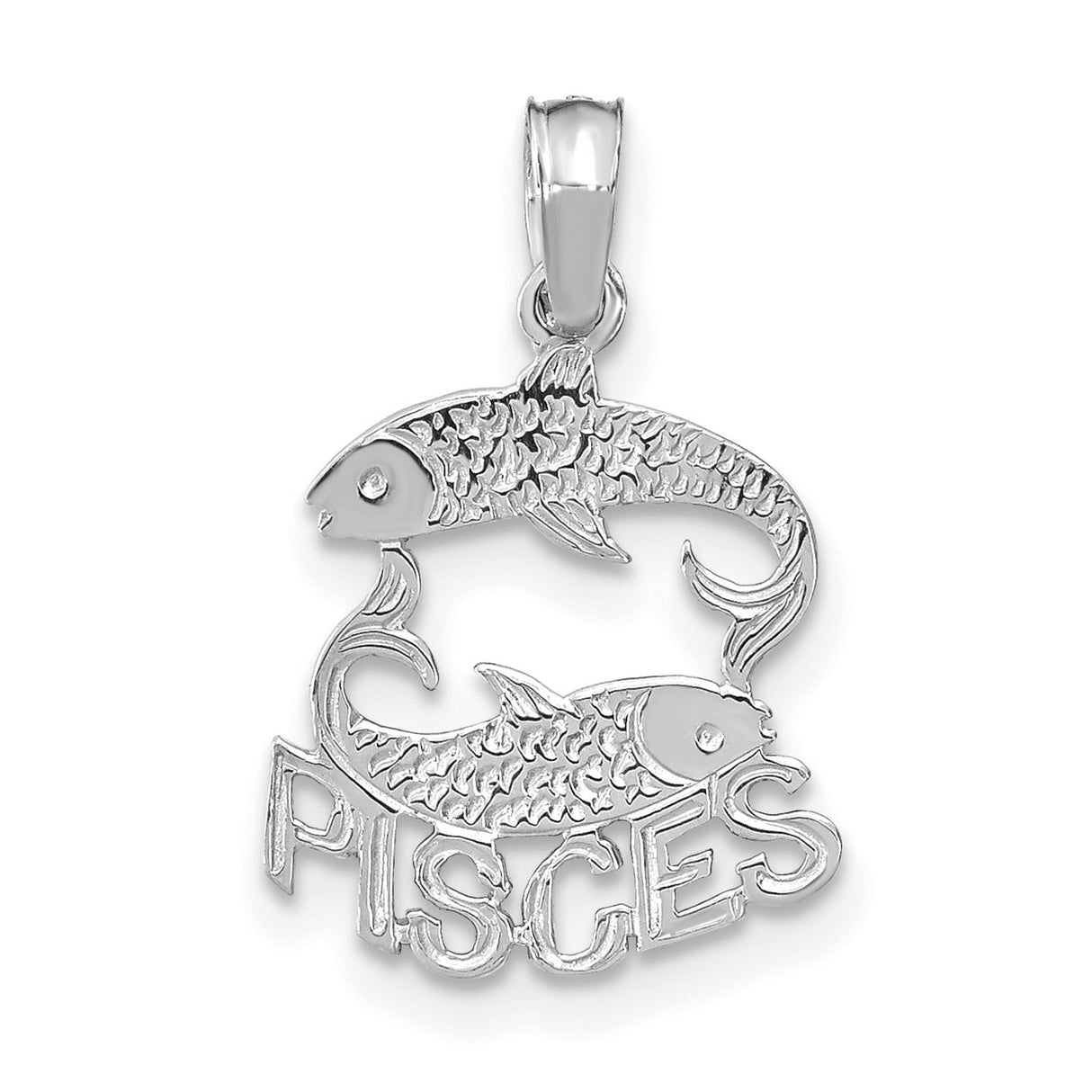 14k White Gold Pisces Pendant with Two Fish Design and Bold PISCES Letters