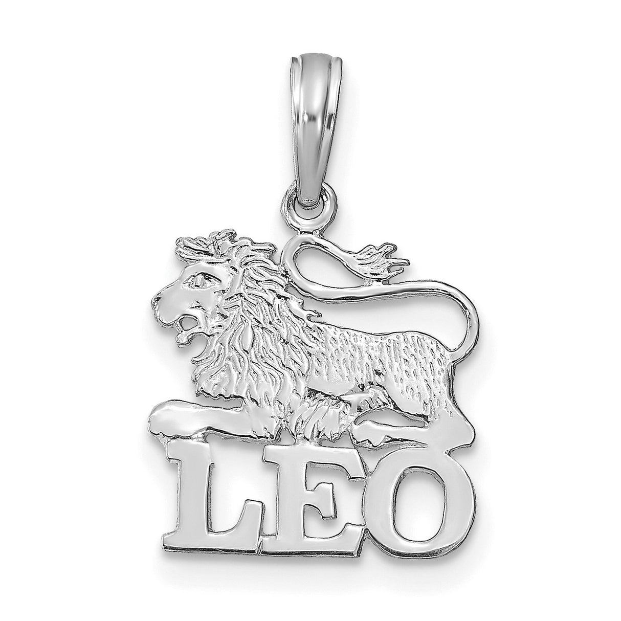 14k White Gold Leo Pendant with Bold Lettering and Lion Zodiac Design