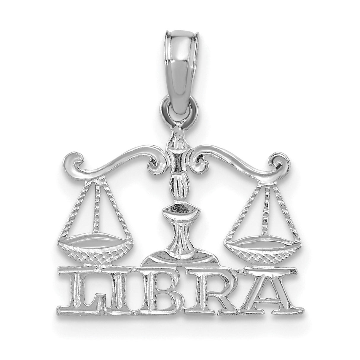 14k White Gold Libra Zodiac Pendant with Scales Symbol and Bold Libra Text