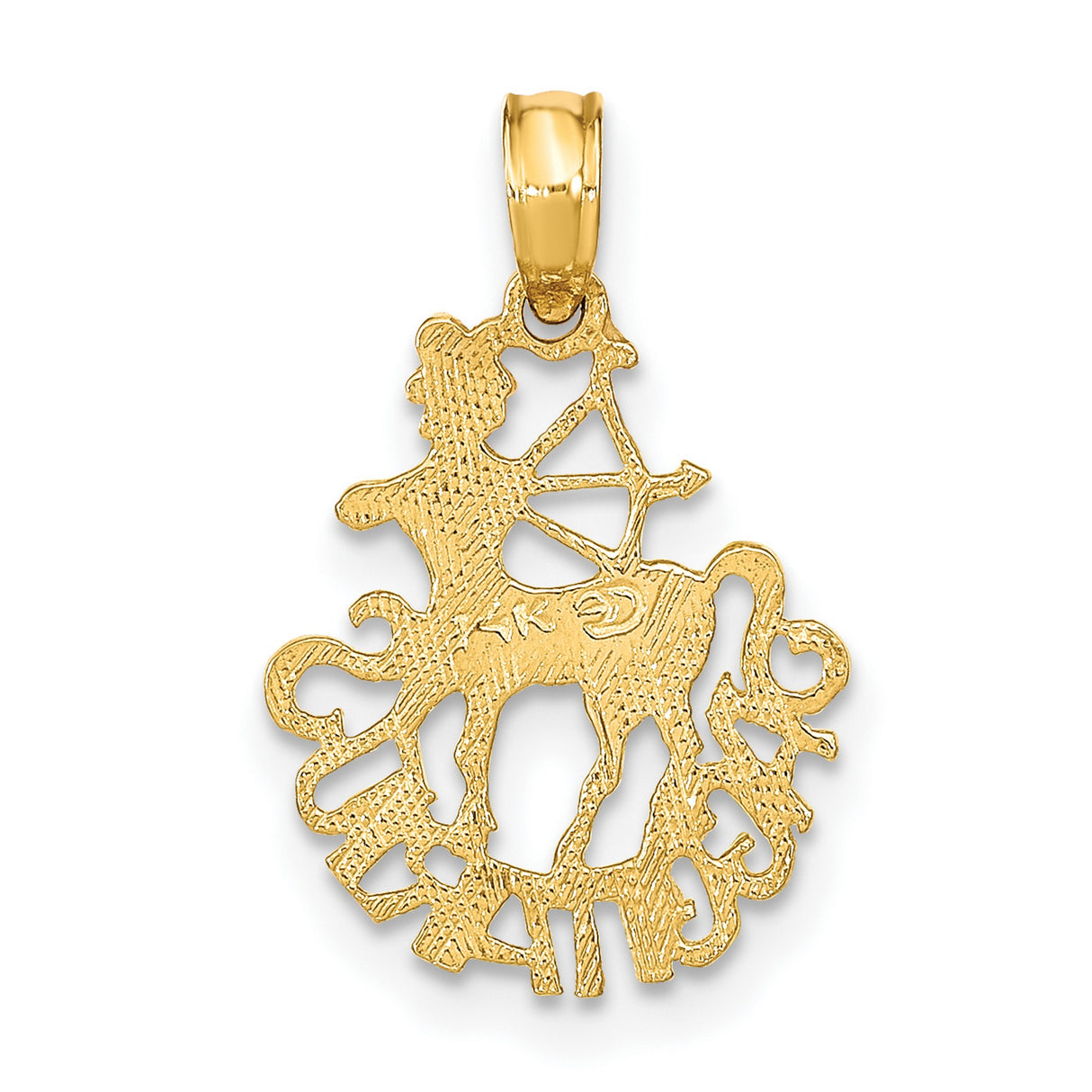 14k Yellow Gold Sagittarius Zodiac Pendant with Centaur Archer Design and Inscribed Symbol