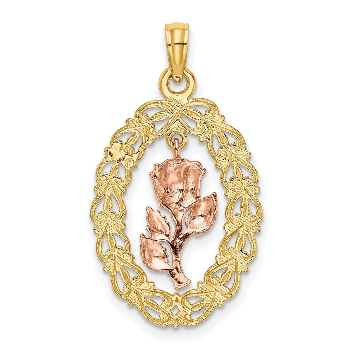 14k Two-Tone Gold Rose Pendant with Oval Filigree Frame, Floral Charm Design