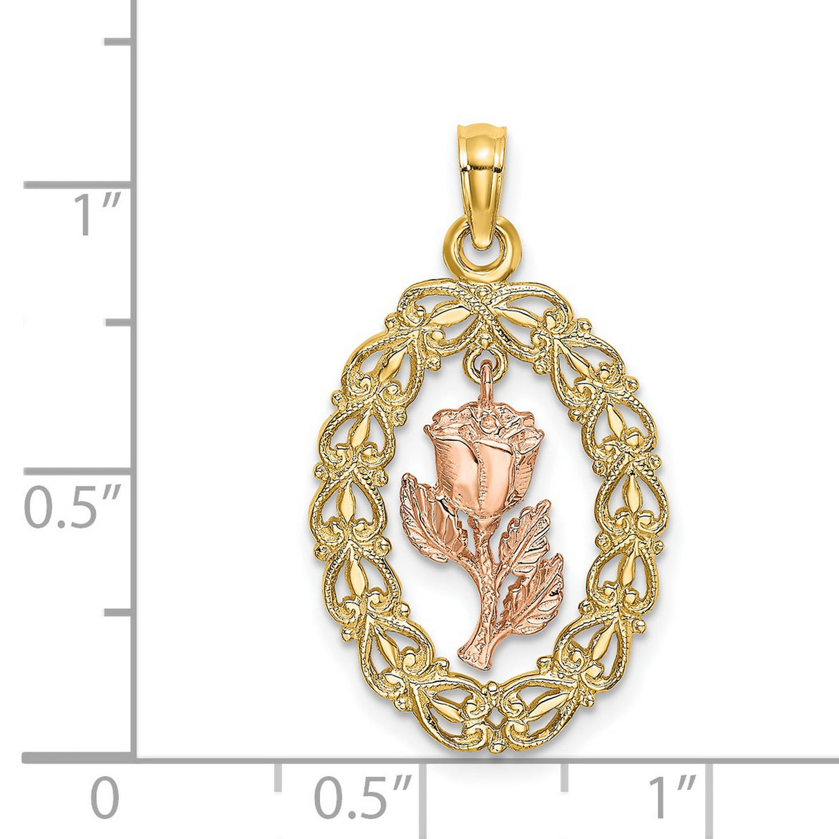 14k Two-Tone Gold Rose Pendant with Oval Filigree Frame, Floral Charm Design