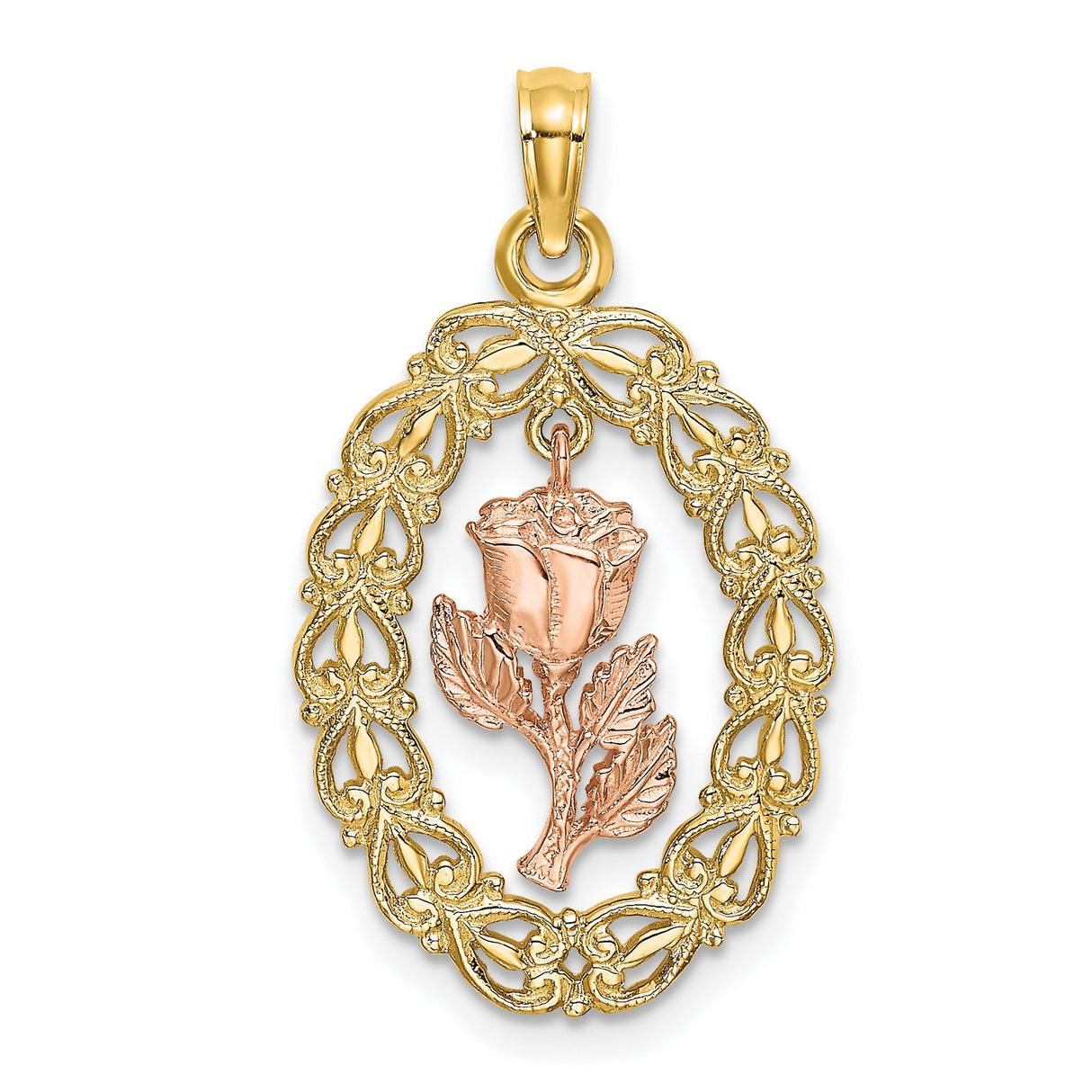 14k Two-Tone Gold Rose Pendant with Oval Filigree Frame, Floral Charm Design