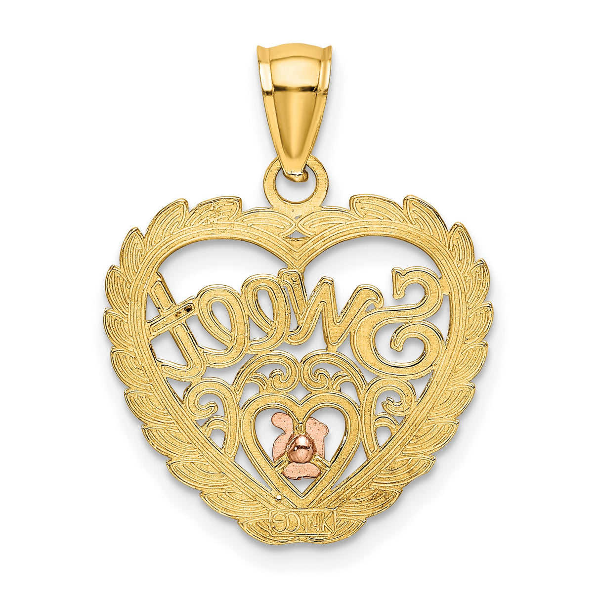 14k Two-Tone Gold Heart Pendant with Sweet 16 in White and Rose Gold, Scrollwork and Leaf Border
