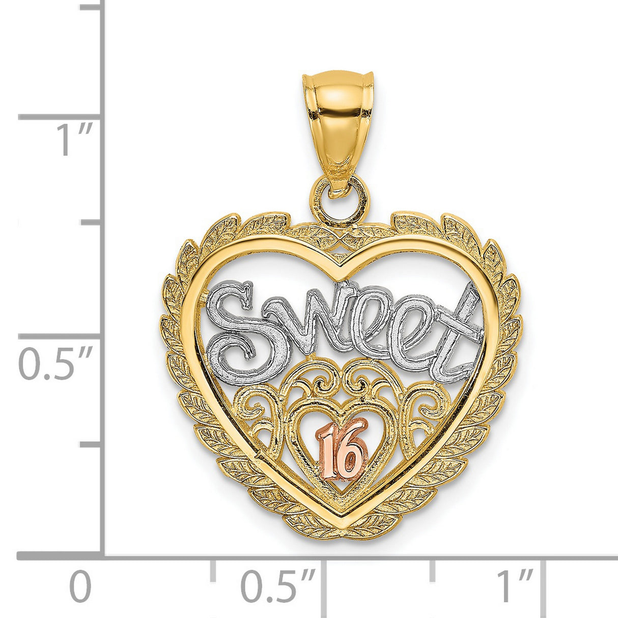 14k Two-Tone Gold Heart Pendant with Sweet 16 in White and Rose Gold, Scrollwork and Leaf Border