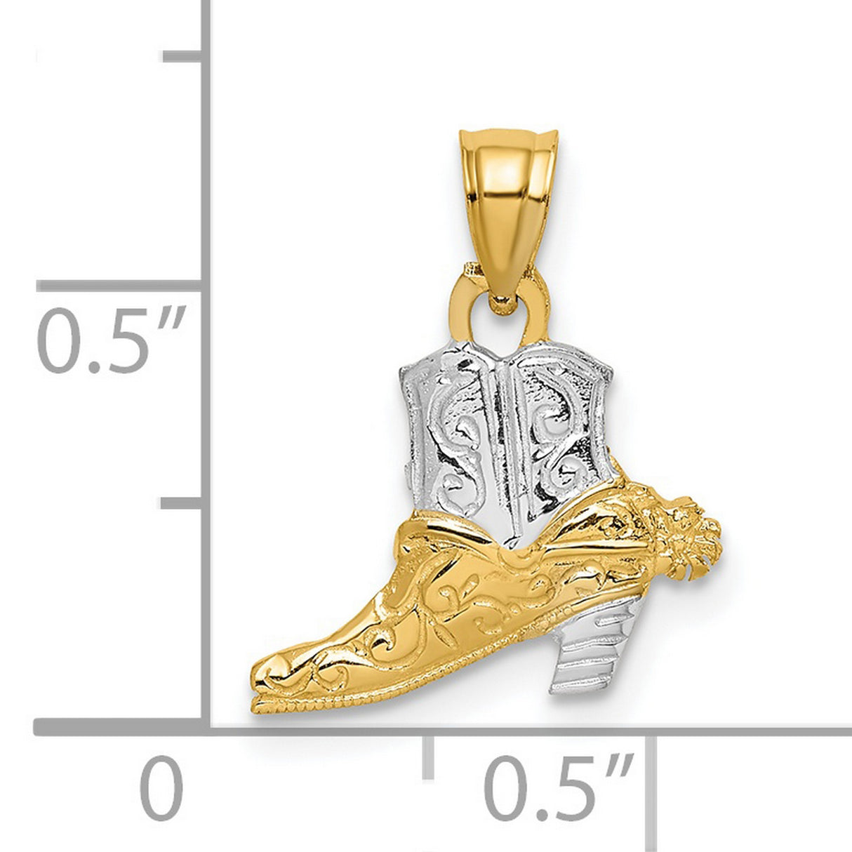 14k Multi-Tone Gold Cowboy Boot Pendant with Rhodium Accents and Western Scrollwork