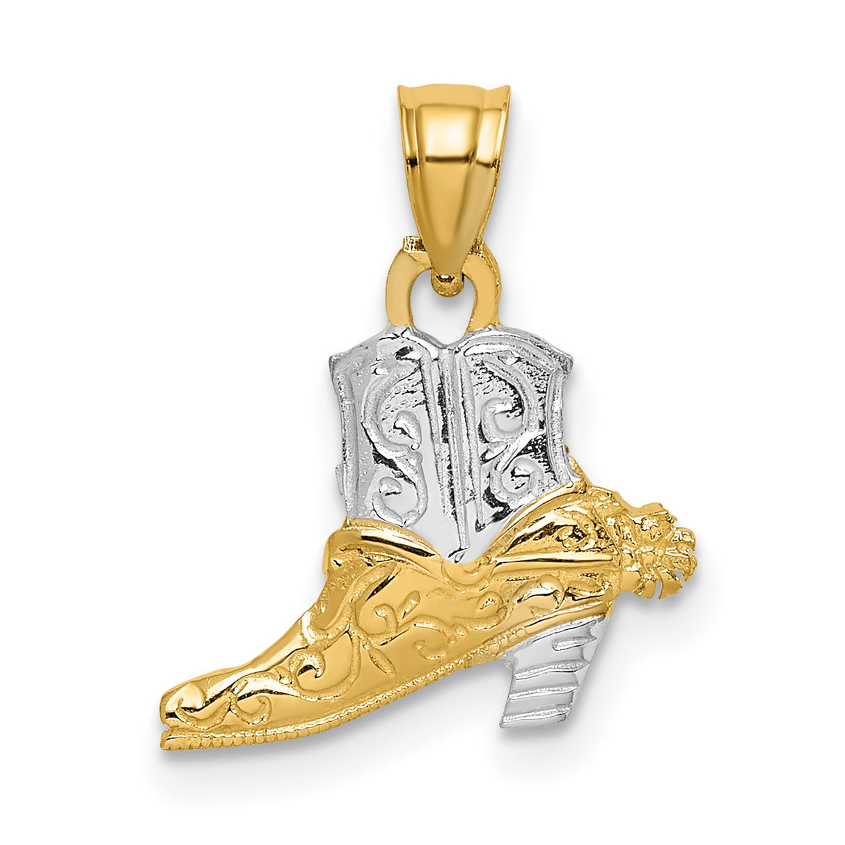 14k Multi-Tone Gold Cowboy Boot Pendant with Rhodium Accents and Western Scrollwork