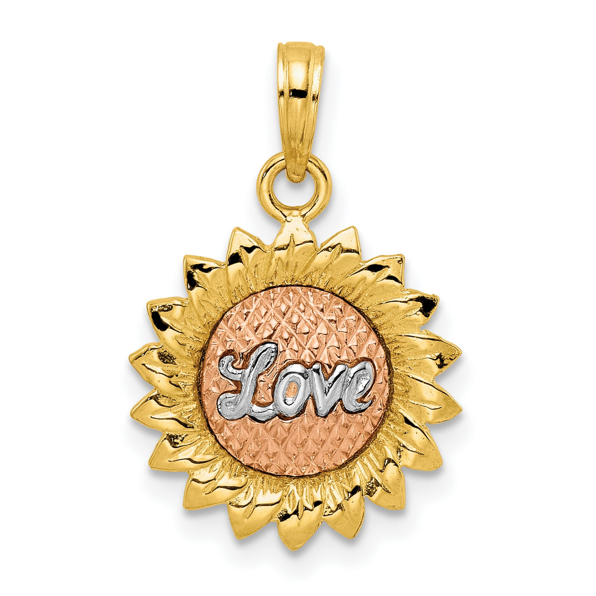 14k Tri-Color Gold Sunflower Pendant with Textured Rose Gold Center and Love Script