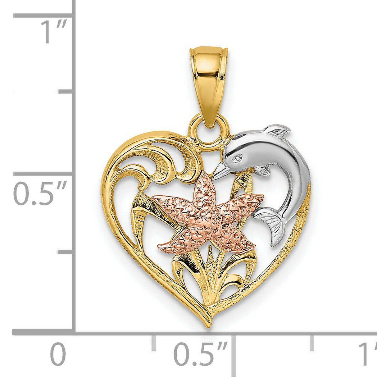 14k Multi-Tone Gold Heart Pendant with Dolphin, Starfish, and Wave Design