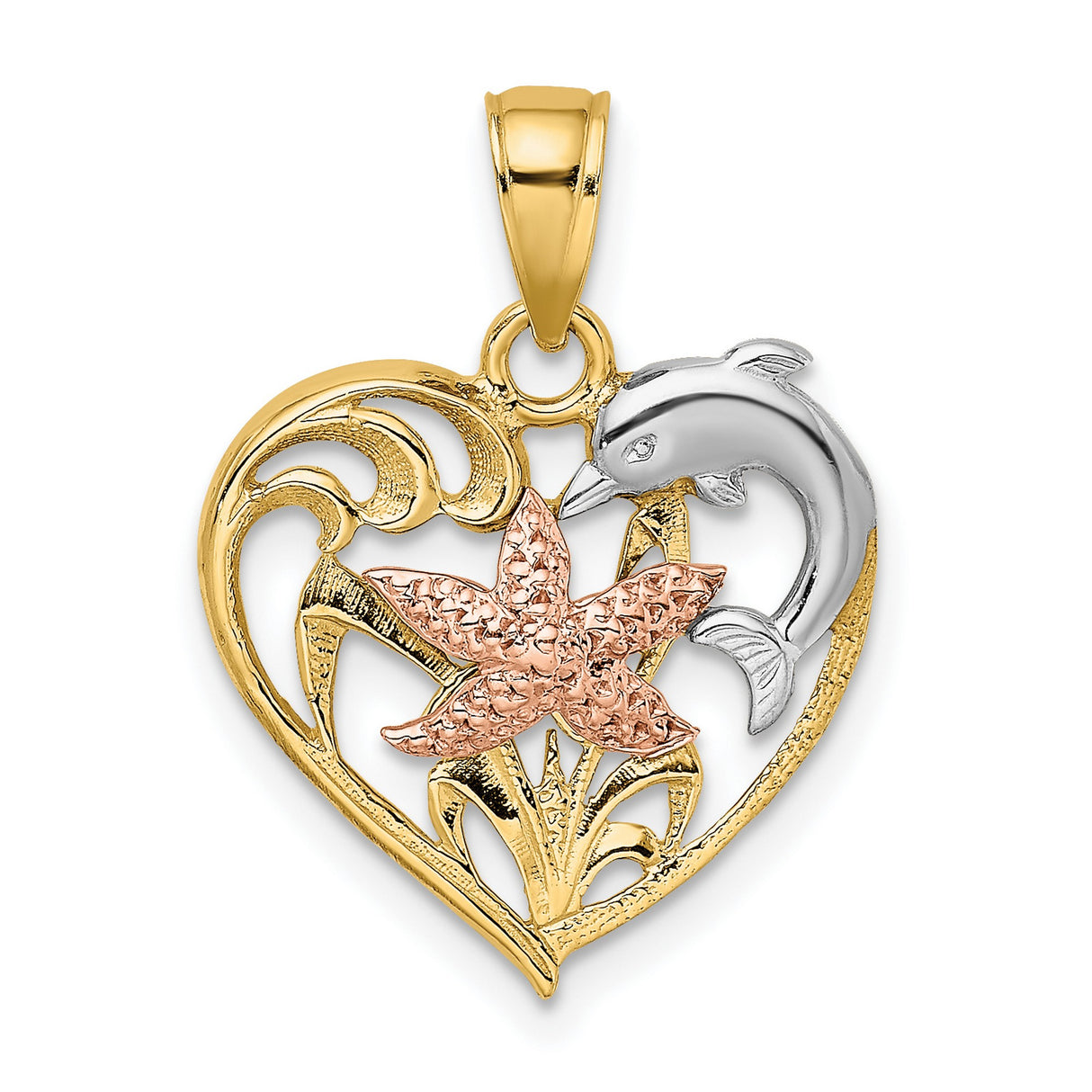 14k Multi-Tone Gold Heart Pendant with Dolphin, Starfish, and Wave Design