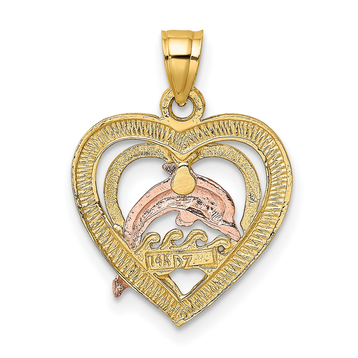 14k Two-Tone Gold Dolphin Pendant with Heart and Ocean Wave Design for Women