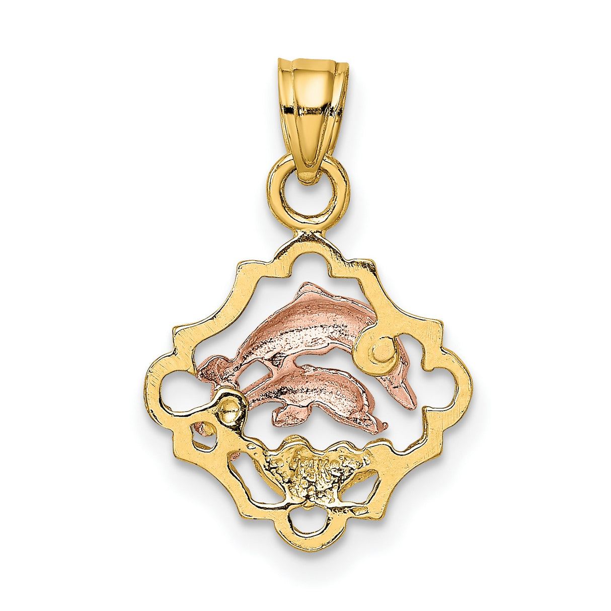 14k Two-Tone Gold Dolphin Pendant with Rose Gold Dolphins and White Gold Waves, Ocean Theme Charm