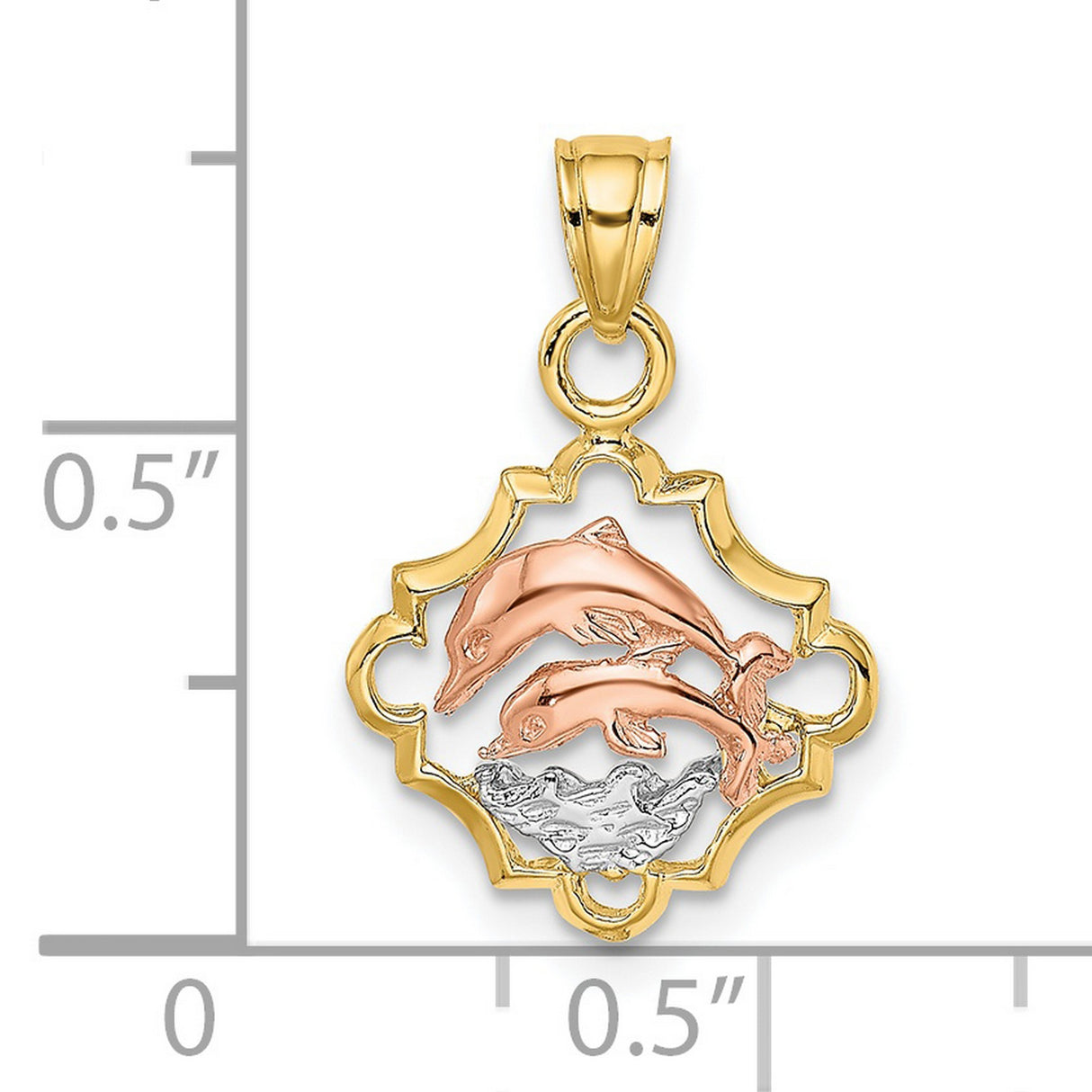 14k Two-Tone Gold Dolphin Pendant with Rose Gold Dolphins and White Gold Waves, Ocean Theme Charm