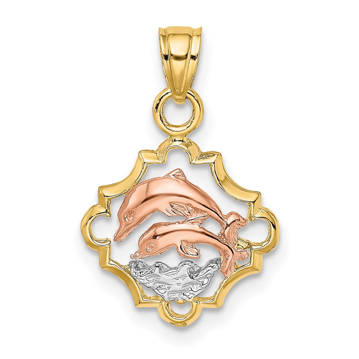14k Two-Tone Gold Dolphin Pendant with Rose Gold Dolphins and White Gold Waves, Ocean Theme Charm