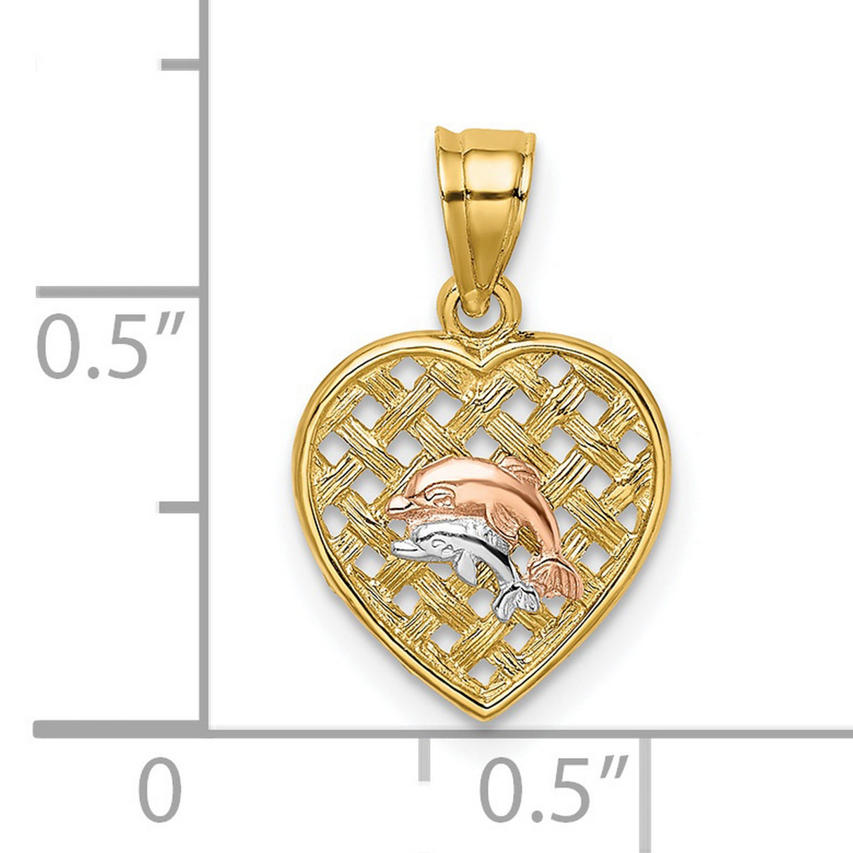 14k Two-Tone Gold Heart Pendant with Rose and White Gold Dolphins, Nautical Ocean Theme