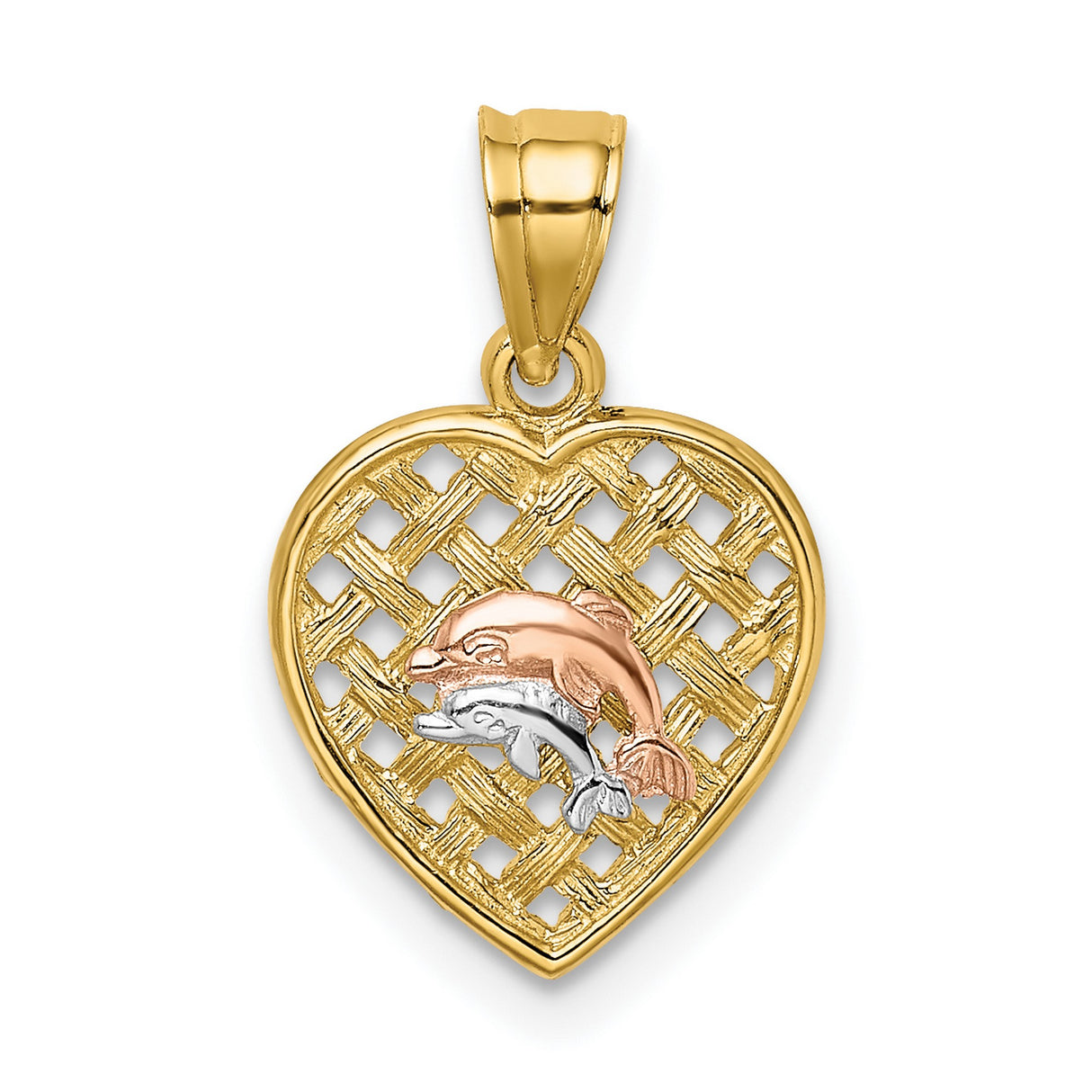 14k Two-Tone Gold Heart Pendant with Rose and White Gold Dolphins, Nautical Ocean Theme