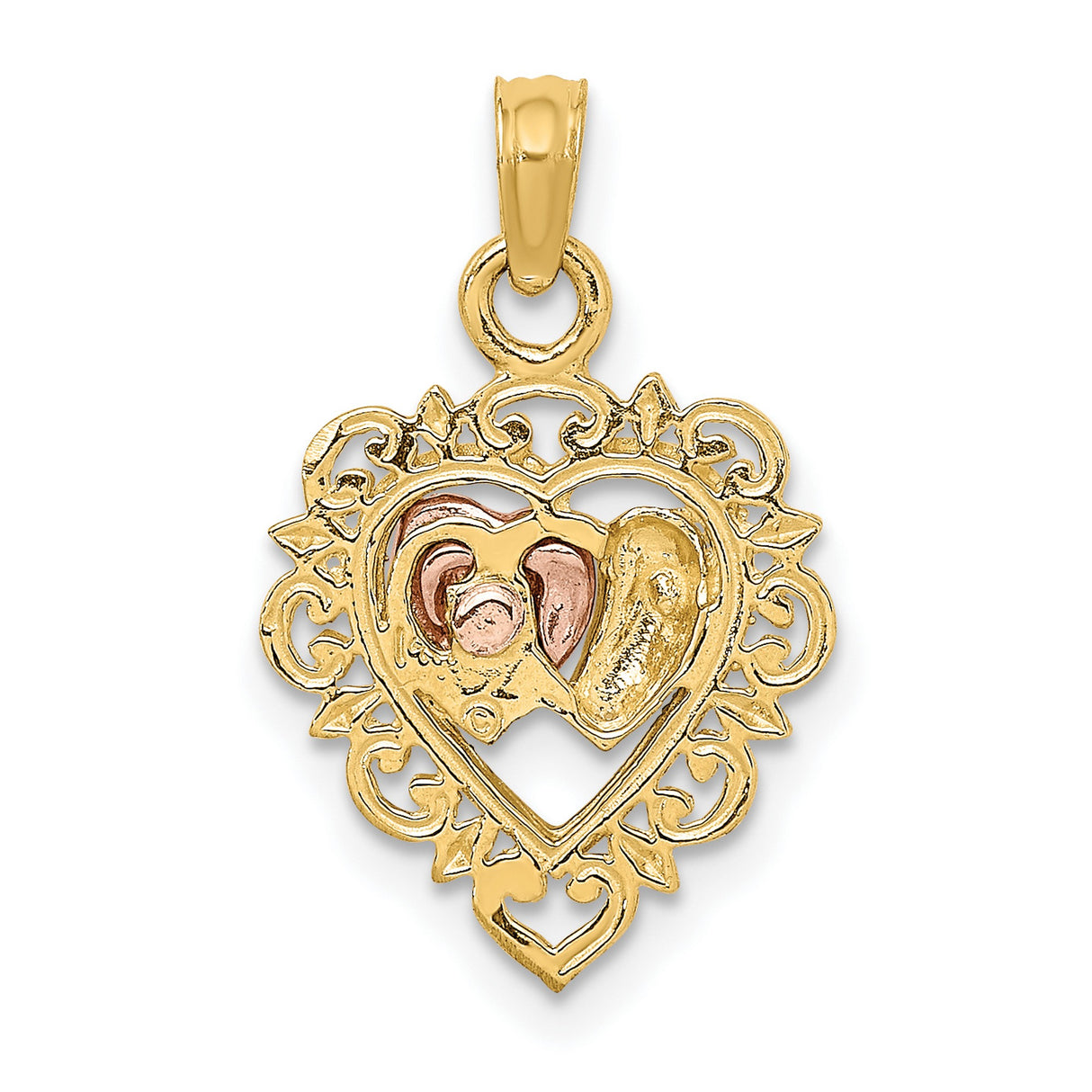 14k Two-Tone Gold Heart Pendant with Rose and White Double Heart Filigree Design