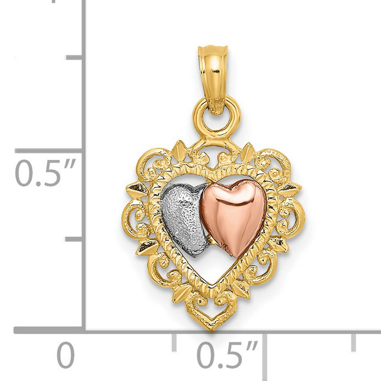 14k Two-Tone Gold Heart Pendant with Rose and White Double Heart Filigree Design