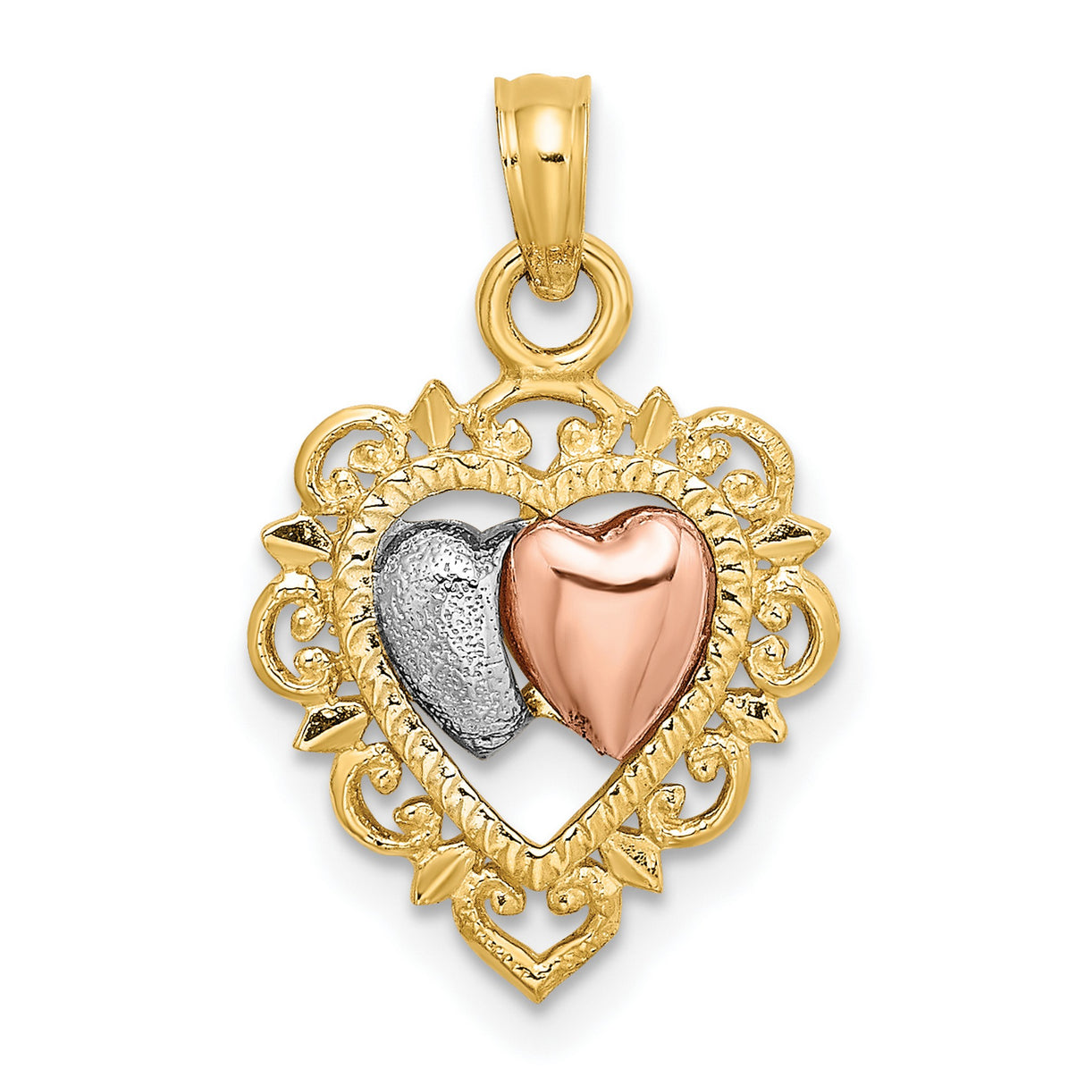 14k Two-Tone Gold Heart Pendant with Rose and White Double Heart Filigree Design