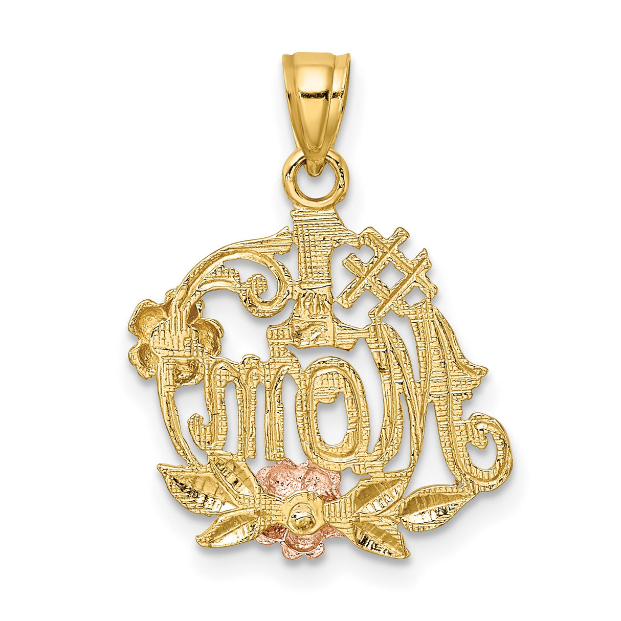14k Two-Tone Gold Pendant with #1 Mom and Floral Accents in Rose and White Gold
