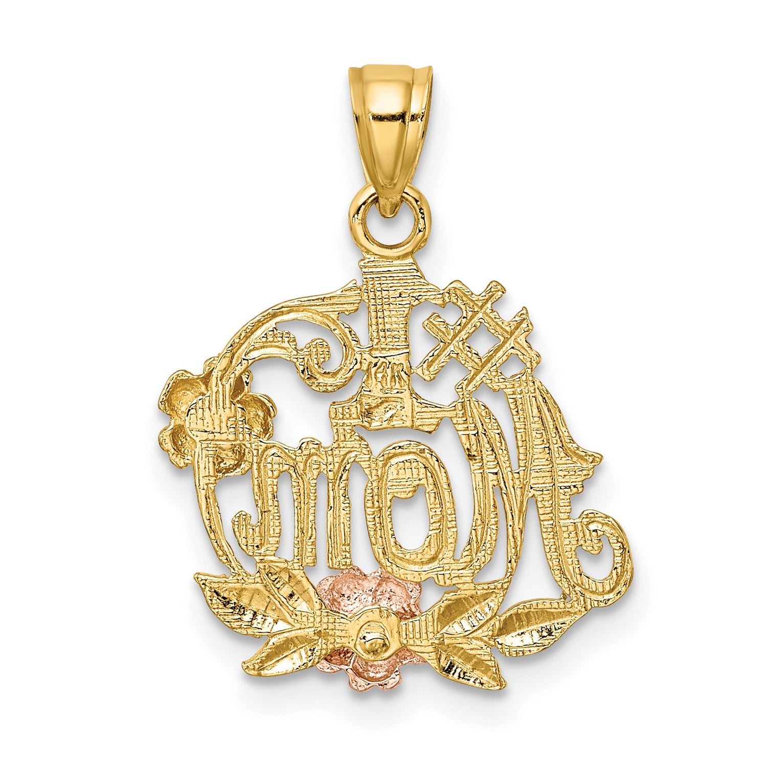 14k Two-Tone Gold Pendant with #1 Mom and Floral Accents in Rose and White Gold