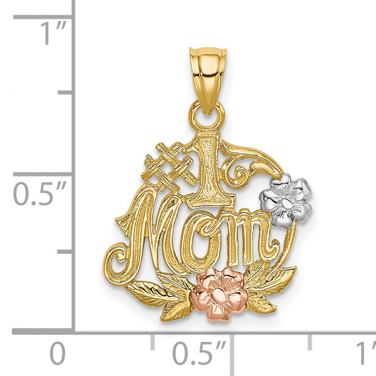 14k Two-Tone Gold Pendant with #1 Mom and Floral Accents in Rose and White Gold