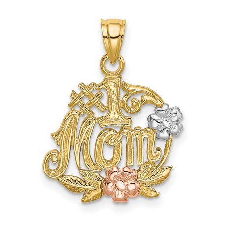 14k Two-Tone Gold Pendant with #1 Mom and Floral Accents in Rose and White Gold