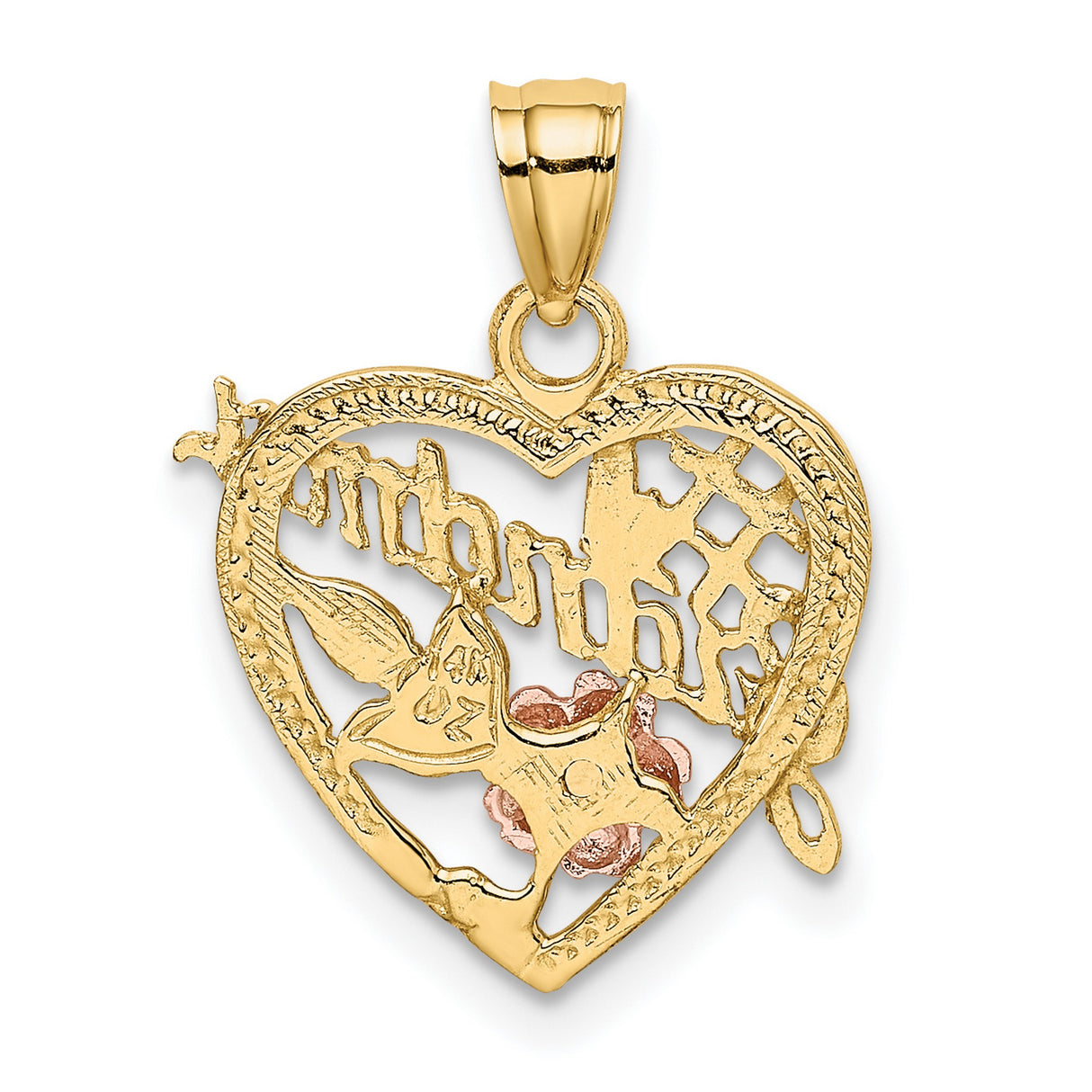 14k Two Tone Gold Heart Pendant with #1 Grandma Engraving, Floral and Leaf Accents