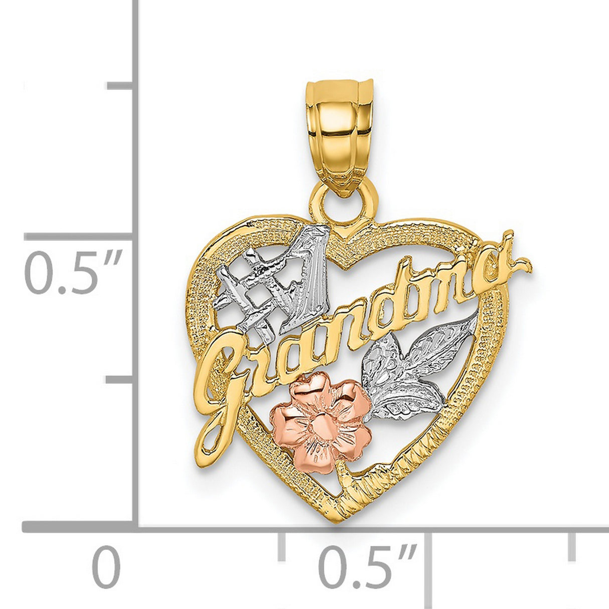 14k Two Tone Gold Heart Pendant with #1 Grandma Engraving, Floral and Leaf Accents
