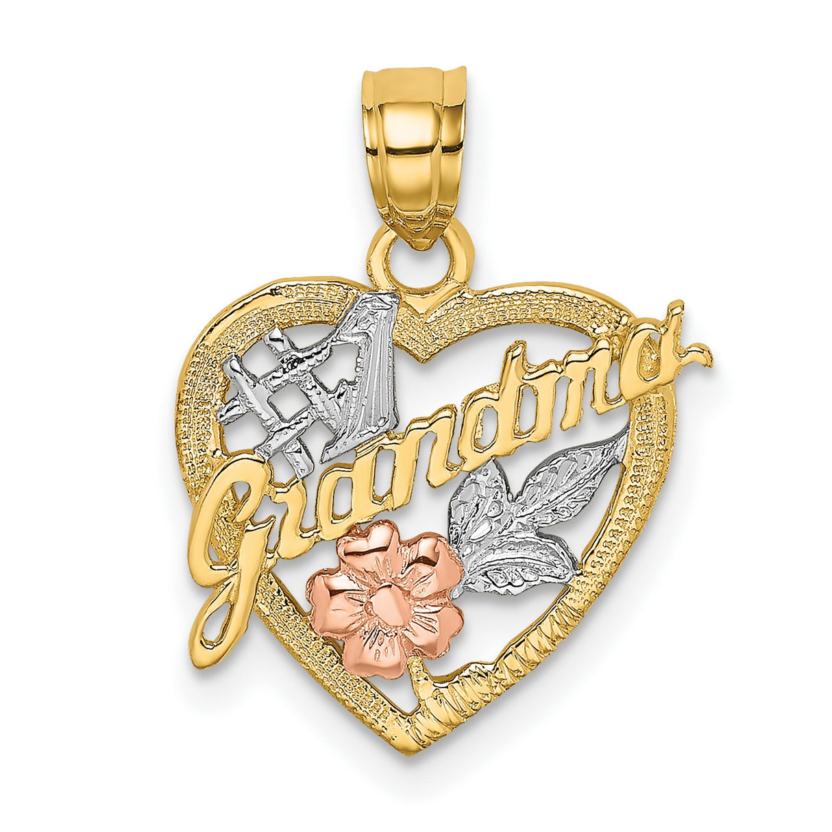 14k Two Tone Gold Heart Pendant with #1 Grandma Engraving, Floral and Leaf Accents