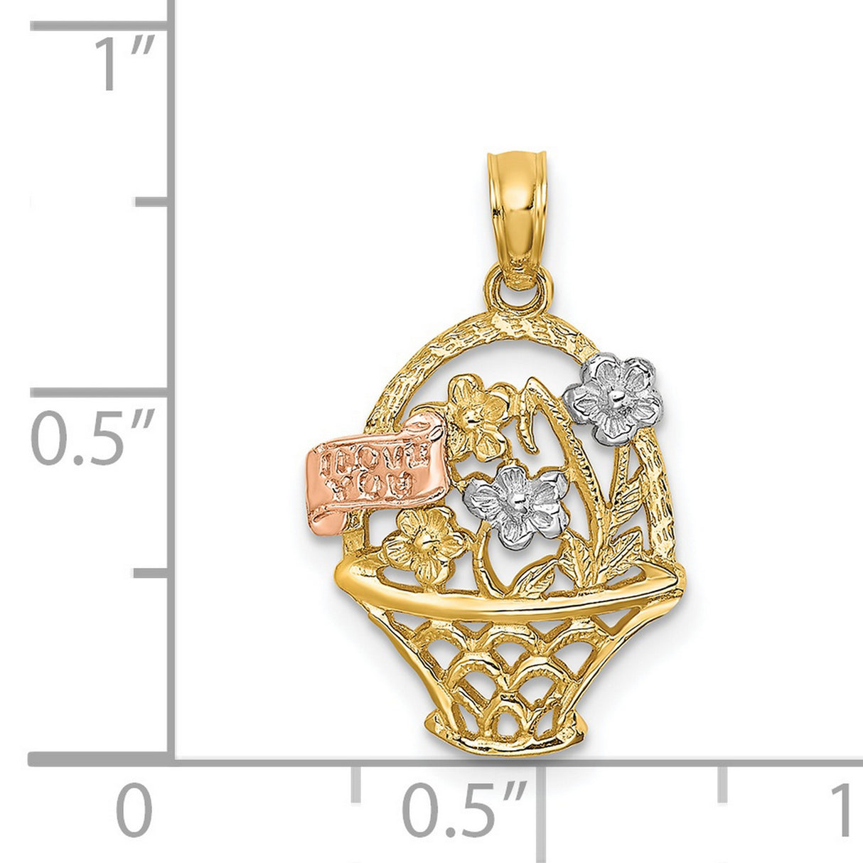 14k Two-Tone Gold Pendant, Floral Basket Design with I Love You Message