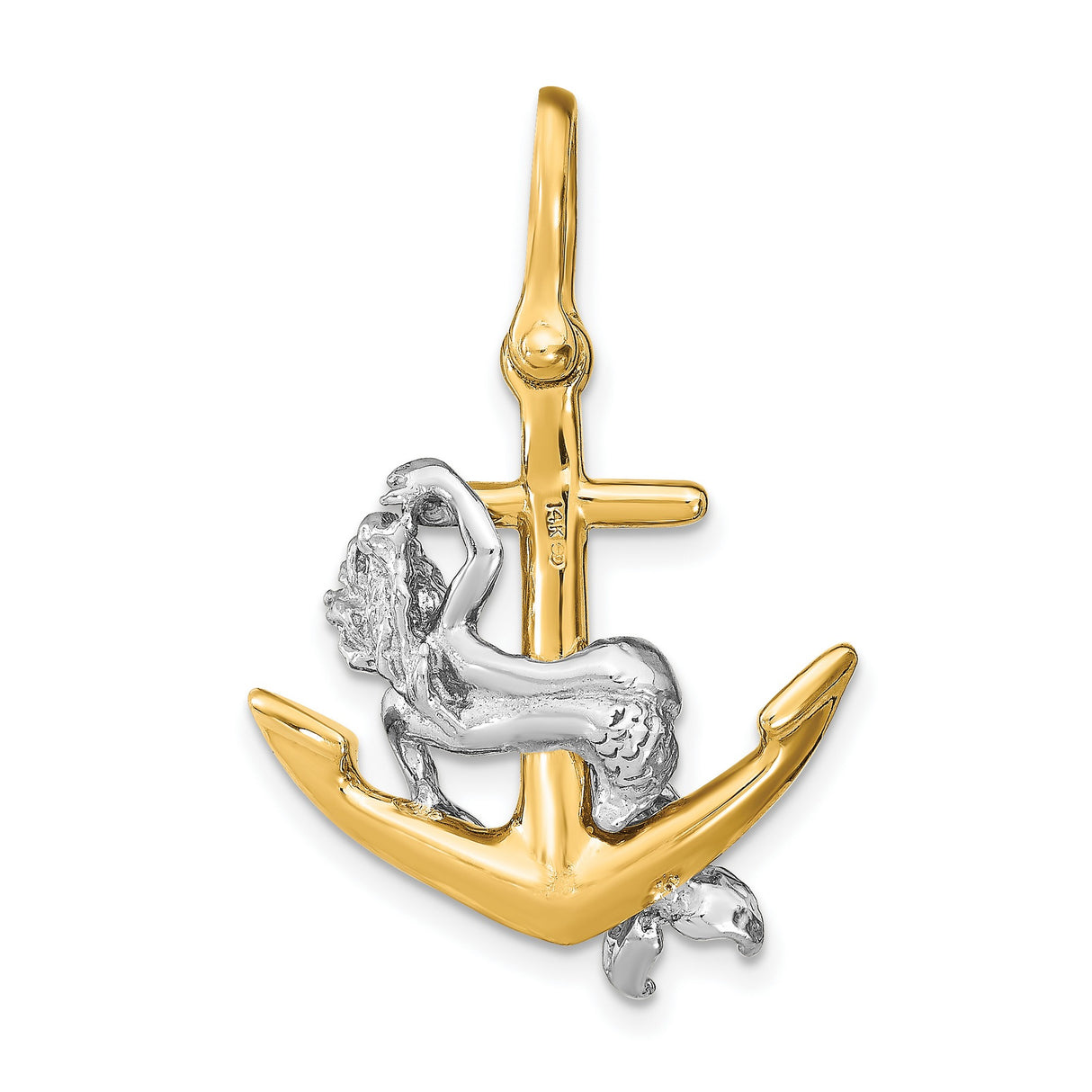 14k Two-Tone Gold Mermaid Anchor Pendant, Nautical Ocean Fantasy Theme