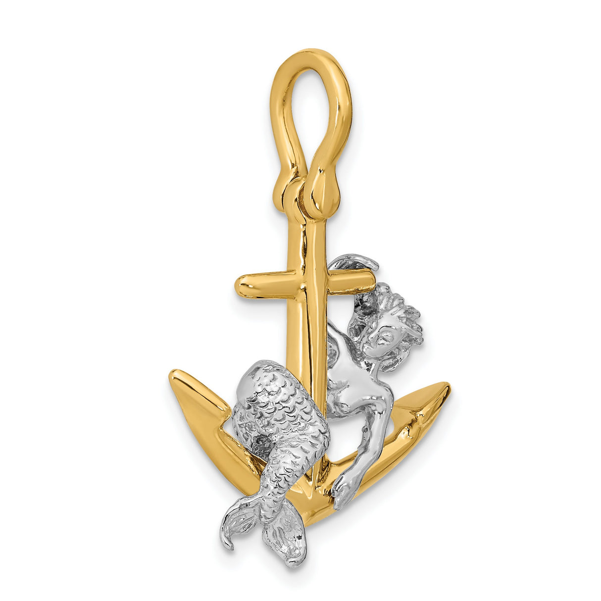 14k Two-Tone Gold Mermaid Anchor Pendant, Nautical Ocean Fantasy Theme