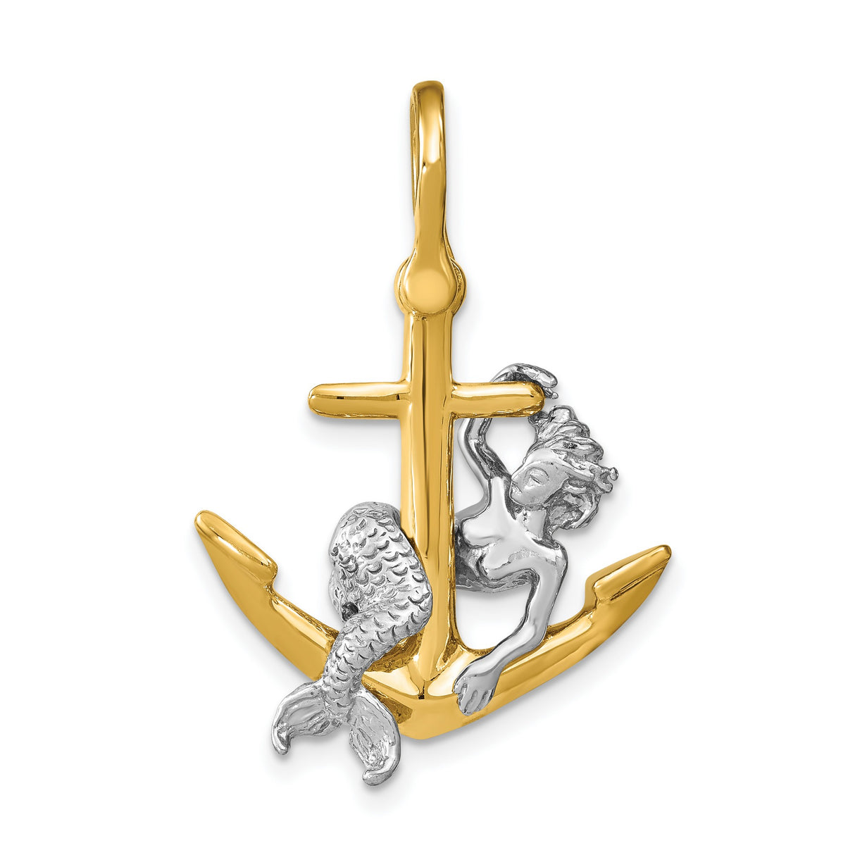 14k Two-Tone Gold Mermaid Anchor Pendant, Nautical Ocean Fantasy Theme