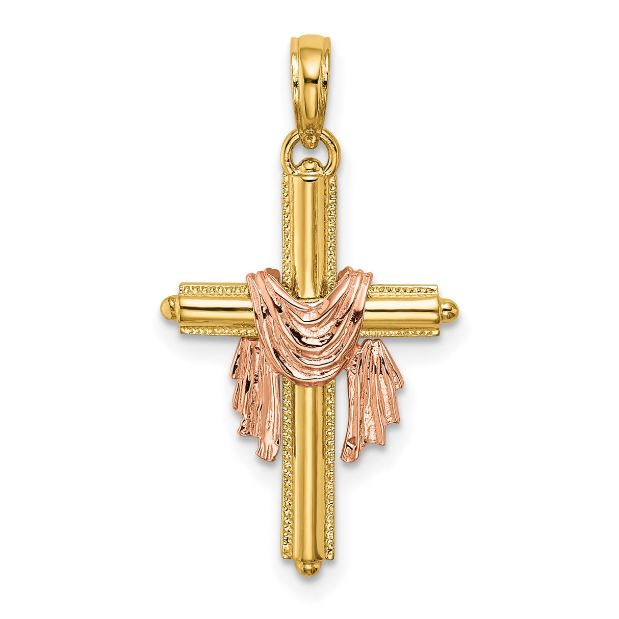14k Two-Tone Gold Cross Pendant with Draped Cloth Detail Christian Symbolic Jewelry