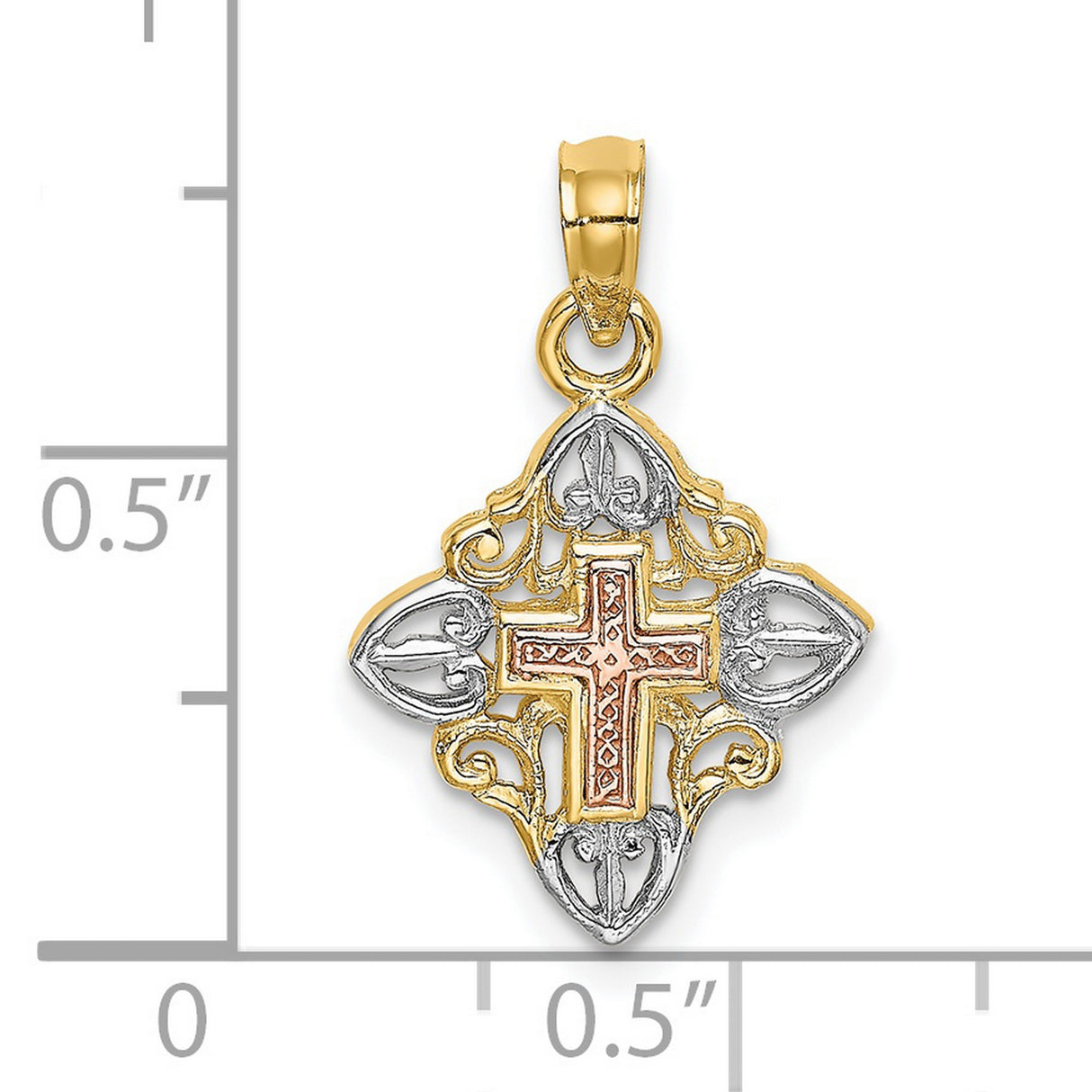 14k Multi-Tone Gold Cross Pendant with Fleur Motif, Vintage Christian Design