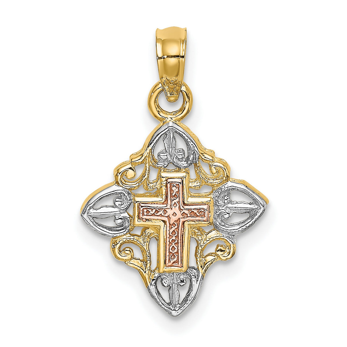 14k Multi-Tone Gold Cross Pendant with Fleur Motif, Vintage Christian Design