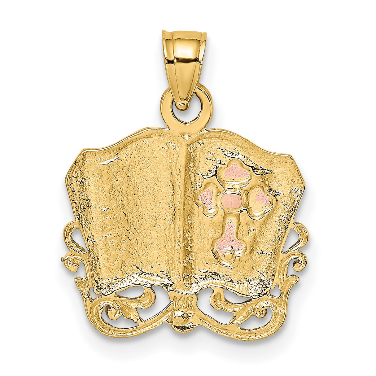14k Multi-Tone Gold Cross Bible Pendant with Open Book Design and Scripture Charm