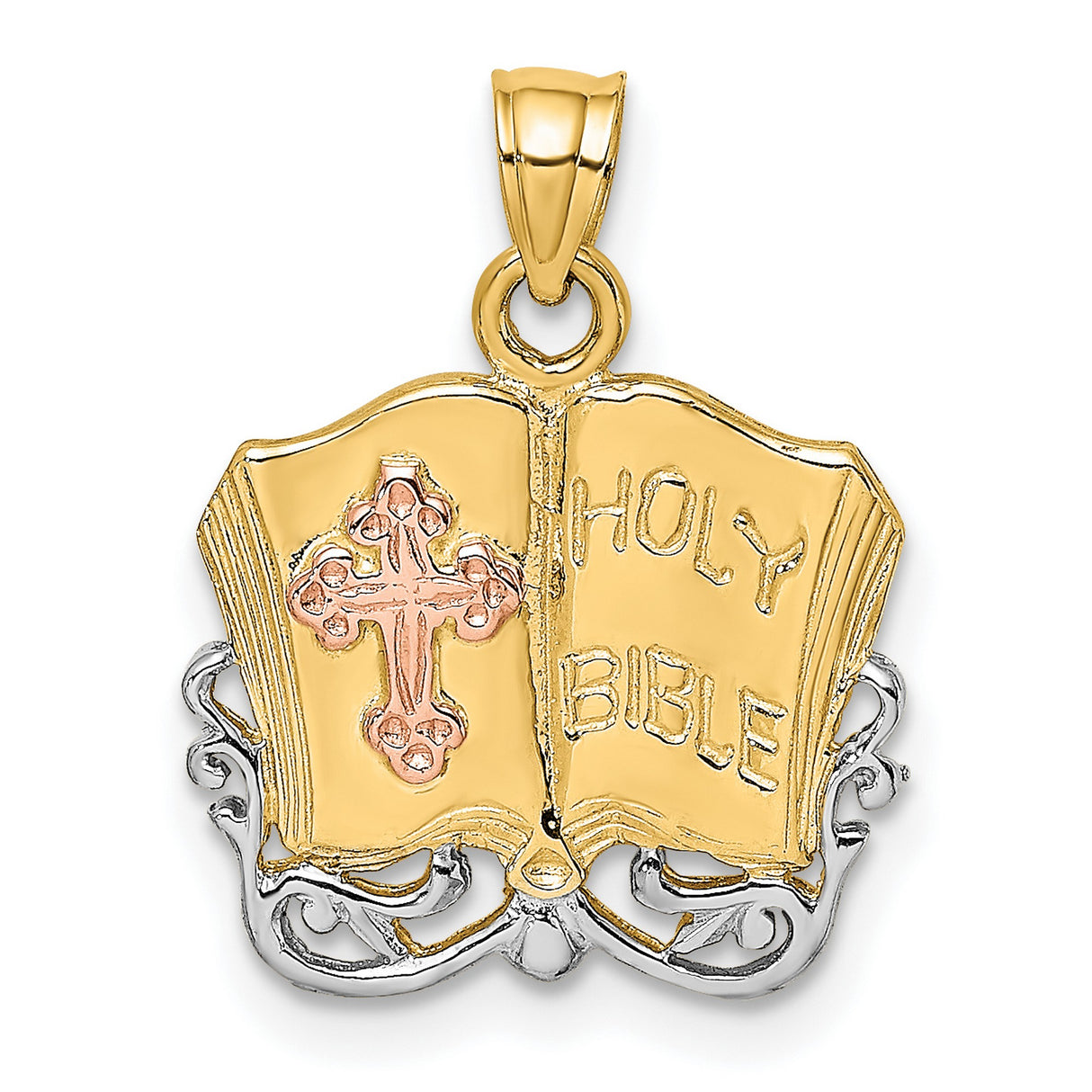 14k Multi-Tone Gold Cross Bible Pendant with Open Book Design and Scripture Charm