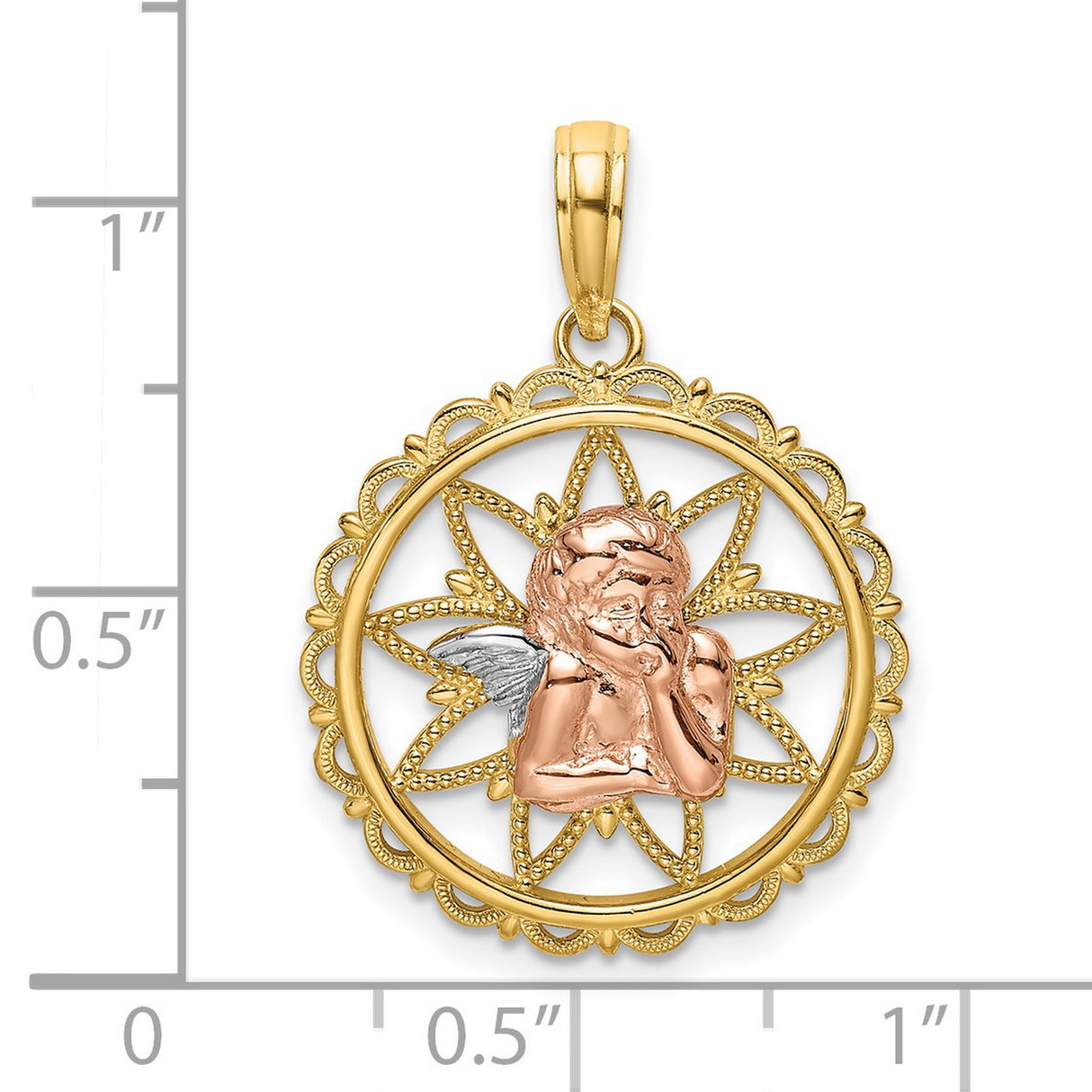 14k Two-Tone Gold Angel Pendant with Rose Gold Cherub and White Gold Wings