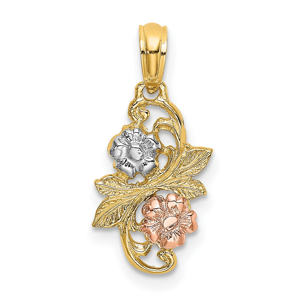14k Two-Tone Gold Floral Pendant with Leaf Design and Rose Gold Accents for Women